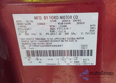 2006 Ford F-150 Xlt from USA, damaged, VIN 1FTRW12W96KD82457